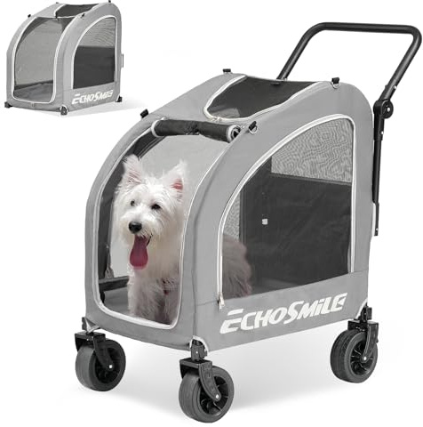 EchoSmile Hundewagen für Kleine und Mittelgroße Hunde bis 20kg, Geländegängige Faltbar Hundebuggy mit Doppelbremsen, Sicherheitsgurte im Auto & Netzfenstern, Grau