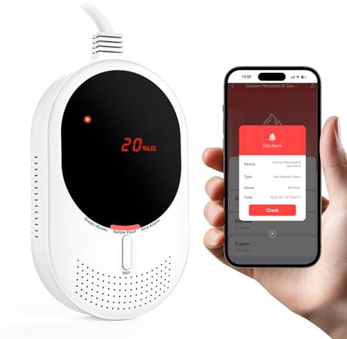 PHYSEN WLAN Gas- und CO-Melder, Gasmelder & Kohlenmonoxidmelder mit LED-Display, Zertifiziert nach EN50194 & EN50291, 5 Jahre Sensorlebensdauer, Methan- und CO-Detektor für Küche, Heizraum, Garage