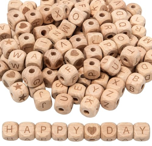 116 Stück Holzbuchstaben Perlen Set 12 mm Buchstabenperlen Eckig Holz A-Z