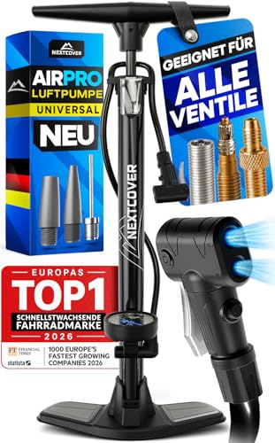 NEXTCOVER® Fahrradpumpe Alle Ventile mit [Airflow-Technologie] I Pumpe für Autoventil, Presta Ventil & Dunlopventil I Standluftpumpe Fahrrad mit Manometer I Luftpumpe Fahrrad [AirPro]