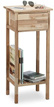 Relaxdays Beistelltisch Walnuss mit Schublade, 2 Ablagen Telefontisch, hoher Holztisch HxBxT: 80 x 35 x30 cm, natur