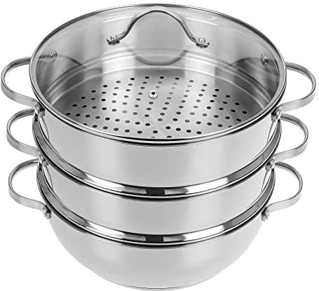 GRÄWE Pro-Line Dampfgarer Topf 28 cm induktionsgeeignet, Edelstahl Kochtopf mit 2 Dampfeinsätzen, Glasdeckel, Dampftopf zum Dünsten, Gemüsedämpfer Kartoffeldämpfer, spülmaschinengeeignet
