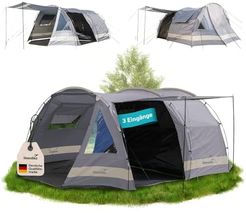 Skandika Kambo Tunnelzelt für 4 Personen | Zelt mit Schlafkabine für 4 Mann, Wasserdicht mit 3000 Wassersäule, 3 Eingänge, Sonnendach, Vorzelt | Campingzelt in Grau/beige