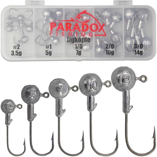 Paradox Fishing Jigköpfe Set (3,5g/5g/7g/10g/14g) 25-teilig je 5/4 Jighaken I Jig Köpfe Jighead Jigkopf Jigkopf Set für Gummifische Zander
