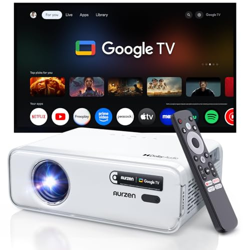 Aurzen Eazze D1G Beamer mit offiziellem Google TV, Smart Beamer 4K unterstützt Full HD 1080P, DoIby Audio, Autofokus & Trapezkorrektur, WiFi Bluetooth Heimkino & Outdoor Projektor, Weiß