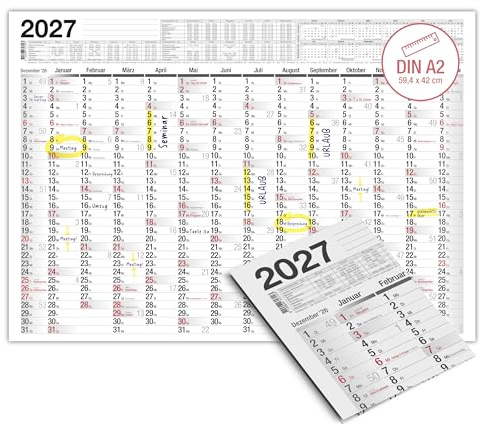 TOBJA® DIN A2 Wandkalender 2027 Querformat 14 Monate - Übersichtlicher Jahreskalender mit Feiertagen und Wochennummern - Jahresplaner in 59 x 42 cm (A2 Blatt Gefalzt)