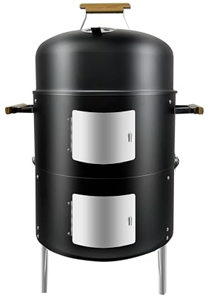 Smoker BBQ XL58X45X87.5cm 3-in-1-Räuchergrill, Holzkohlegrill, Räucherfass, Räuchergrill, zweitüriger Smoker mit Deckel und mit Holzgriffen, Räucherständer, 2 Edelstahlroste