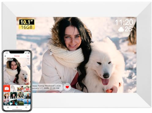 TMCC Digitaler Bilderrahmen Groß, Frameo Digital Photo Frame HD IPS Touchscreen - 10,1 Zoll, Elektronischer Bilderrahmen mit WLAN, 16GB, Auto Drehung, Wandmontierbar, Fotos/Videos teilen - Weiß