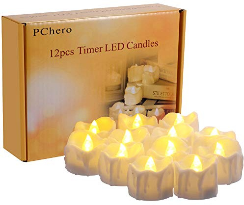 PChero LED Teelichter mit 6 Stunden Timer, 12er Set Elektrische Flammenlose LED Kerzen Flackernde Flamme mit Batterie und Timerfunktion für Halloween Party Zimmer Silvester Kürbis Deko Weihnachten