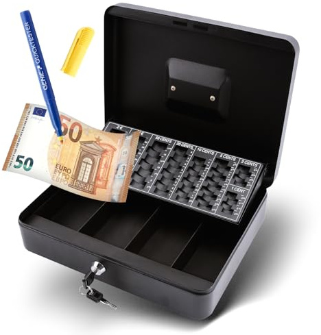 Olympia 6031 CB 770 Plus Geldkassette inklusive Genie Falschgeldprüfer (aus pulverbeschichtetem Stahl, versenkbarer Griff, mit Münzzählbrett, Sicherheits-Zylinderschloss), Schwarz, 30 x 24 x 9 cm