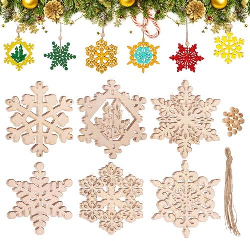 Hopton Holzanhänger Weihnachten Schneeflocke, 18 Stück Christbaumschmuck, Holz, Bemalen, 5m Juteseil, 18 Holzperlen
