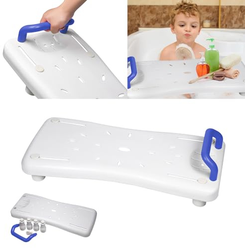 LARS360 Badewannenbrett Badewannensitz Senioren Erwachsene Einstellbar Wannenbrett zum Sitzen Brett für Badewanne Sitzbrett Stuhl für Badezimmer Max 150 kg mit Blau Griff, Weiß