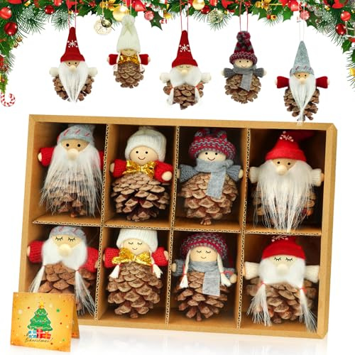 AFXXE Wichtel Klein Weihnachtsbaumschmuck,8 Stück Tannenzapfen Weihnachtsbaum Anhänger,Weihnachtswichtel Klein Tannenzapfen Deko,Mini Wichtel Baumschmuck Weihnachten,Deko wichtel Weihnachts Anhänger