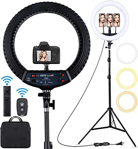 18 Zoll LED Ringlicht mit Stativständer Dimmbares Makeup Selfie Ringlicht für Studio Portrait YouTube Vlog Videoaufnahmen mit Tragetasche und Fernbedienung, CRI 90