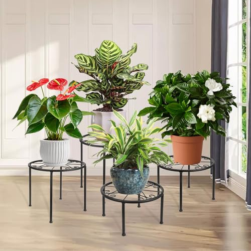 4er Set Blumenhocker Metall für innen, Schwarz Blumenbank Stand Wohnzimmer Blumenregal Balkon, Garten Dekoration Blumenständer draußen, Outdoor Pflanzenregal Eisen Display Rack Pflanzenstand Haus