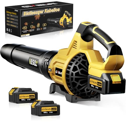 GEVEELIFE Akku-Laubbläser, 20V 257 km/h Elektrischer Laubbläser mit 3-Gang & 2x5,0Ah Akkus –Kabellos laubbläser für für Garten, Laub,Staub & Schnee (Inklusive Batterie), Gelb