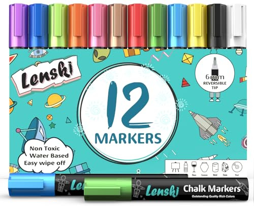 Lenski 12 Kreidestifte für Tafel Abwaschbar, 6mm Kreidestifte für Fenster, Einschulung Mädchen, Schultüte Füllung, Kinder Stifte Whiteboard Kreidemarker Fensterstifte Fenstermalstifte Glasmalstifte