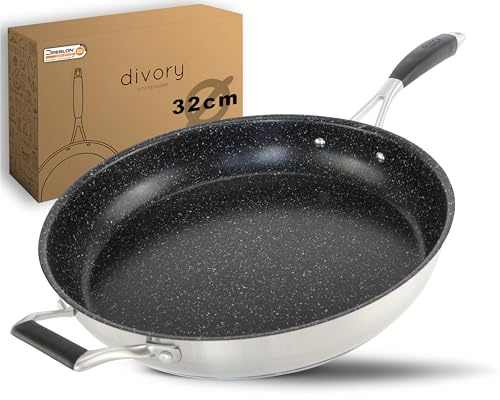 DIVORY Edelstahl Pfanne 32 cm Induktion I Antihaft beschichtete große Bratpfanne für alle Herdarten I Induktionspfanne, Ergonomischer Griff, Spülmaschinen geeignet (32cm, ULTIME)