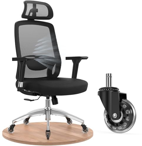 mfavour Ergonomischer Bürostuhl mit Gummirollen, 4D-Armlehnen, Verstellbarer Kopfstütze und Lendenstütze, atmungsaktiver Netz-Schreibtischstuhl, Metallfußkreuz, bis 150 kg belastbar, Schwarz