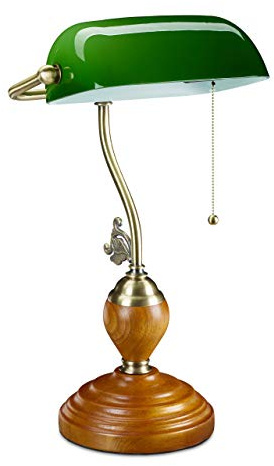 Relaxdays Bankerlampe mit Zugschalter, neigbarer Glasschirm, Holzfuß, Retro Design, E27-Fassung, Schreibtischlampe, grün, 10034424, 45 x 27 x 17 cm
