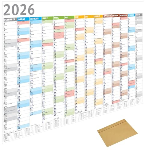 MARZEI24® Din A1 Wandkalender für 2026, 14 Monate, Jahreskalender Monatsübersicht, (84,1 cm x 59,4 cm),Planer Termine, für Büro usw. Jahresplaner, Monatsplaner, Familienkalender, Kalender gefaltet