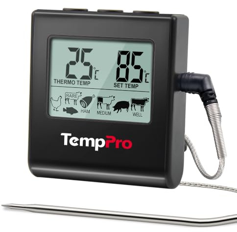 TempPro Fleischthermometer Digital Grillthermometer Bratenthermometer | Ofenthermometer mit Fühler Timer, voreingestellte Gartemperaturen, Alarm, für BBQ Ofen Smoker Grill Schwarz ( Ex-ThermoPro ）
