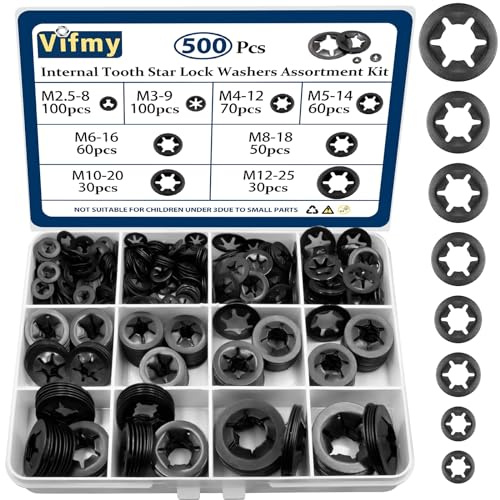 Vifmy 500 Stück Innenzahn-Sternscheiben, M2,5 M3 M4 M5 M6 M8 M10 M12 Schnellspann-Sicherungsscheiben-Sortiment-Kit, Stahl, Schwarzoxid-Finish, zum Aufstecken
