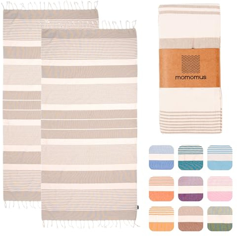 MOMOMUS 2er-Set Fouta XL oder Strandtuch aus Baumwolle 100% - Saugfähig, Ultraweich, Kompakt - Ideal als Strandhandtuch, Hamamtuch und Saunahandtuch - Beige, 90x180cm