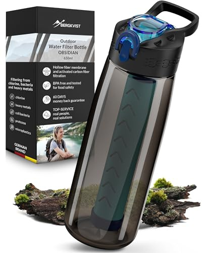 BERGKVIST® Outdoor Wasserfilter Flasche OBSIDIAN [650ml] mit Kompass | Trinkflasche mit Filter für sauberes Trinkwasser, Wasseraufbereitung für die Camping-, Prepper- & Survival-Ausrüstung