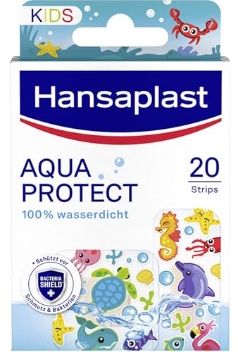 Hansaplast Aqua Protect Kinderpflaster (20 Strips), Wasserdichte Pflaster für Kinder zum Schwimmen und Baden, atmungsaktive Wundauflage mit zuverlässiger Klebkraft
