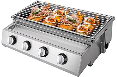 Höhenverstellbarer BBQ-Gasgrill Set mit 4 Brennern - tragbarer Tischgrill aus Edelstahl für Camping, Garten, Park, Balkon
