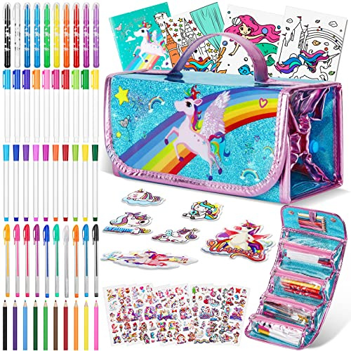Auney Malset für Kinder 3 4 5 6-9 Jahre,Malkoffer für Kinder,Federmäppchen Mädchen Schreibset Inklusive Glitzerstifte,Filzstifte,Buntstifte,Malstifte und Gel Stift,Einhorn Geschenke für Mädchen