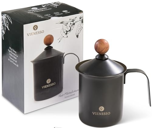 VIENESSO Milchaufschäumer (Manuell/Hand) aus Edelstahl - Milk Frother/Milchschäumer mit Doppelsieb: erzeugt cremigen Milchschaum für Kaffeespezialitäten, inkl. Barista E-Book (400 ml)