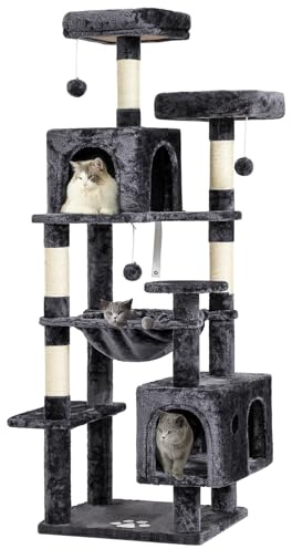 MSmask Kratzbaum groß, L Katzenbaum Stabil, Katzenkratzbaum mit 2 Plattformen, 2 Katzenhöhlen, Hängematte, Sisalsäulen, mehrstöckiger Kletterbaum für Katzen (Dunkelgrau, 160 cm)