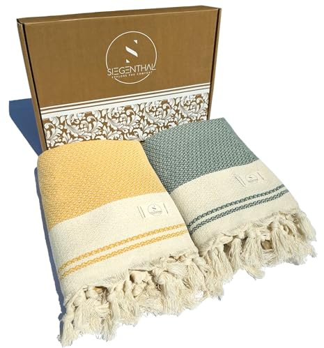 SIEGENTHAL® Hamamtuch 2er Pack – Leichtes Strandtuch & Saunatuch aus 100% recycelter Baumwolle – Schnell Trocknend, Groß & Weich – 90cm x 200cm – Ideal für Strand, Sauna, Yoga, Picknick – Gelb & Grün