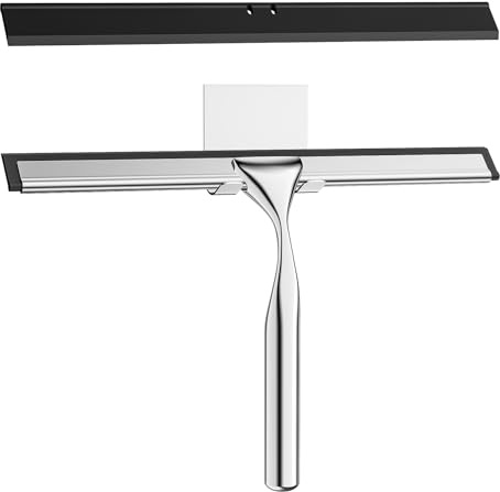 Radikor Duschabzieher Edelstahl, 25.5cm Abzieher Dusche mit Wandaufhänger, Duschabzieher Silikon, Duschwand Abzieher für Dusche, Badezimmer, Spiegel, Fliesen, 1 Ersatzlippe und 1 Haken - Silber