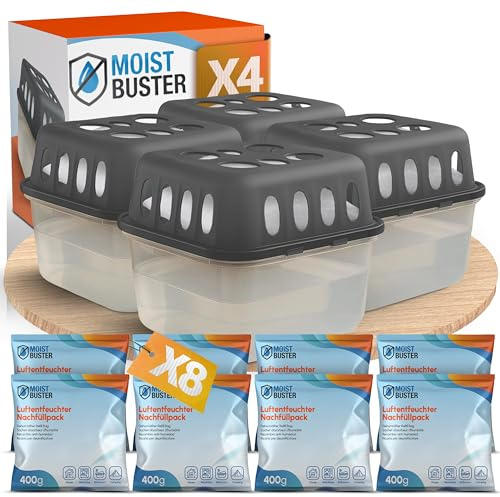 MoistBuster® 4x Luftentfeuchter ohne Strom + 8x 400g Luftentfeuchter Nachfüllpack - Raumentfeuchter bis 40m² für Keller, Bad uvm - Entfeuchter und Luftentfeuchter Granulat im Set - Schutz vor Schimmel