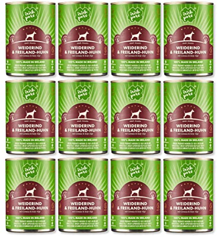 Irish Pure Premium Nassfutter für Hunde | 12x 390g | Weiderind | Vitamine | Getreidefrei | Sensitiv | mit Superfood Kelp-Alge | Nassfutter für alle Rassen