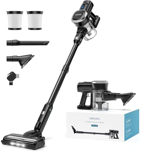 Lubluelu Akku Staubsauger mit 25kPa 220W, Staubsauger Kabellos mit LED-Bürste & HEPA Filter, Akkusauger bis 50Min. Laufzeit, Vaccum Cleaner Freistehend für Hartböden, Tierhaare, Teppiche (Schwarz)