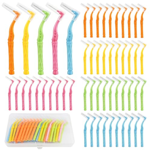 50 Stk Interdentalbürsten-Set - L-förmigezahn zwischenraumbürsten 5 Größen mit Aufbewahrungsbox Zahnreinigungshelfer, Zahnreinigung Zwischenräume (5 Farben)