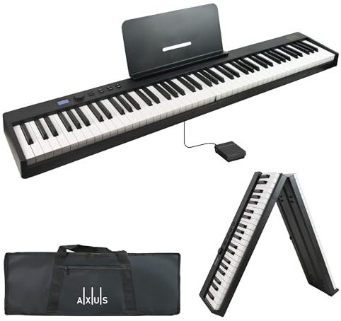 Axus Faltbares Digitalpiano 88 Tasten mit Sustain-Pedal, Schwarz | Zusammenklappbar; 128 Sounds, halbgewichtete Tasten, Akku mit USB-Ladung — Tragetasche inklusive