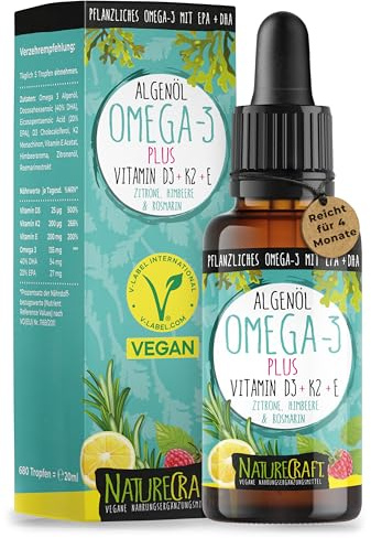 Omega-3 Algenöl PLUS - 40% DHA und 20% EPA mit Vitamin D3 + K2 + E - Zitrone und Rosmarinextrakt - Vegan (20ml = 4 Monats-Vorrat)