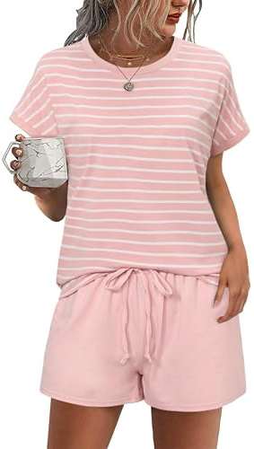Litherday Schlafanzug Damen Kurz Baumwolle Zweiteiliger Pyjama Set Sommer Gestreift Sleepwear Kurzarm Nachtwäsche Rundhals mit Tasche