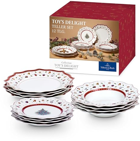 Villeroy & Boch – Toy's Delight Tafelservice Weihnachten 12 Teilig, Weihnachtsteller Set Toys, Weihnachtsgeschirr, Weihnachtsservice 4 Personen, Speiseteller, Suppenteller, Frühstücksteller, Porzellan