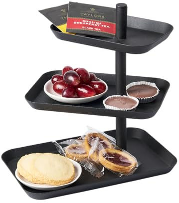 Yamazaki Tower 3-stöckige Etagere mit drehbaren Ablagen, schwarz | Stahl, 360° drehbar, Individuelle Präsentation, für Dessrts / Schmuck, 15,7 x 24,7 x 25,7 cm, Japanisches Design