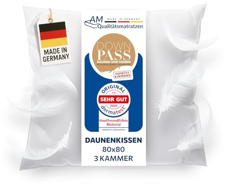 DormiGood Daunenkissen 80x80 - Made in Germany 3 Kammer Kopfkissen 80x80cm - Außenkammer aus 100% Daune - Federkissen 80 x 80 cm Allergiker geeignet - Kopfkissen 80x80 Federn und Daunen Füllung