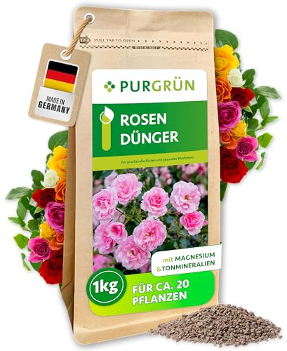 Purgrün® Rosendünger 1 kg – Organisch-mineralische Rezeptur – Feinkörniges Krümelgranulat – NPK 9+4+8 – Extra Magnesium für prächtige Blüten – Verbessert die Bodenqualität – Für gesunde Rosen