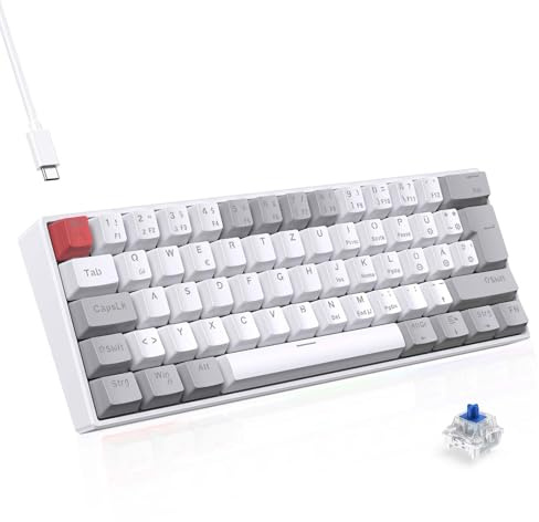 TECURS Mechanische Gaming Tastatur mit Blue Switches (kabelgebunden) - QWERTZ DE Layout, LED Hintergrundbeleuchtung, Kompakte 60% Tastatur für PC/Windows/PS5/PS4 - Weiß und Grau
