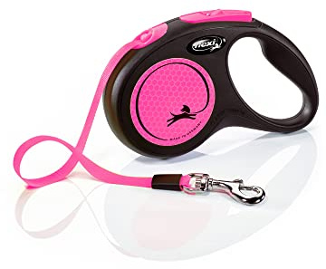 flexi® Neon S | 5m Gurt Roll-Leine für Hunde bis 15 kg | schwarz/neon-pink | ausziehbare Hundeleine | Gewicht 203 gr | Maße 10 x 16.5 cm