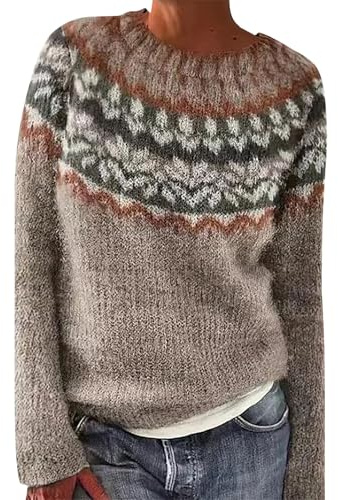 DKLOVIFU Winterpullover Damen Women's Knitted Isle Print Retro Sweater Casual Loose Crewneck Long Sleeve Lightweight Cropped Pullover Tops Knöpfe Perlen Schwarzer Pullover Damen Women's Sweaters